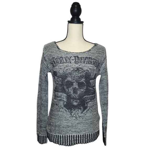 Harley-Davidson Sweater Black White Skull Distressed Print Scoop Neckline Size S - Picture 1 of 8